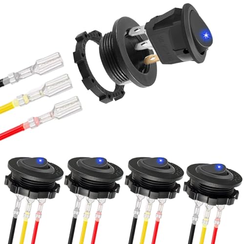 RUNCCI-YUN 5Pcs DC 12V 20A Runde Wippschalter kippschalter,EIN-AUS SPST 3 Polig Wasserdicht kippschalter 12v beleuchtet LED Taste schalter mit Schalterhalterung und Anschlussdrähten (Blau) von RUNCCI-YUN