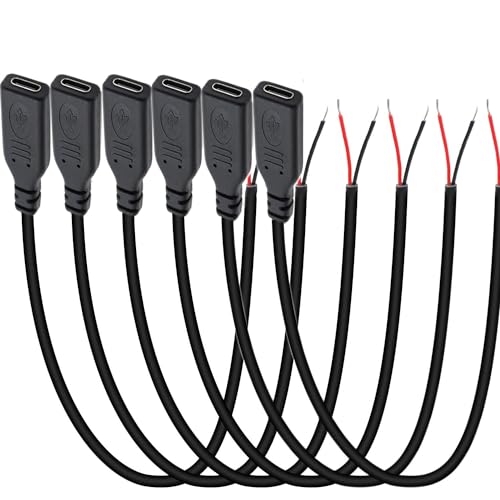 RUNCCI-YUN 6 PCS USB C Buchse Kabel,USB C Buchse löten 22AWG 5V 3A 2-Draht USB C Verlängerungskabel für Arduino, LED-Streifen von RUNCCI-YUN