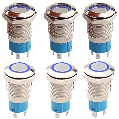 RUNCCI-YUN 6 Stücke 12mm Metall Verriegelung Druckschalter, DC 12 V / 24 V 4 Pin SPDT Schalter mit Blauer LED-Licht, wasserdichte Selbsthemmende Runde Schalter für Auto RV LKW Marine Boat(Flachkopf) von RUNCCI-YUN