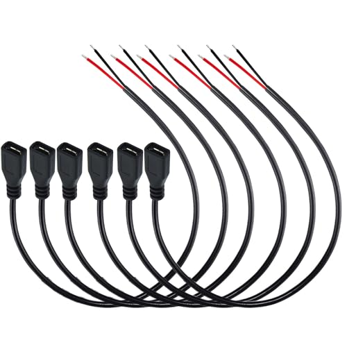 RUNCCI-YUN 6PCS Micro USB Buchse auf 2-poligen blankes Kabel,Micro USB Pigtail Kabel,22AWG 3A USB Buchse,2-adriges USB Verlängerungskabel,USB Buchse löten, für Heimwerker (30 cm) von RUNCCI-YUN