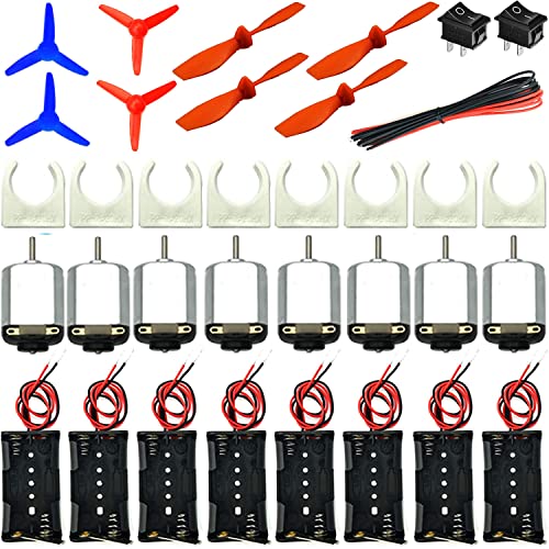 RUNCCI-YUN 8 Set DC Motors Kit，130 Micro DC Motor 1.5V-3V 15000 RPM+8 pcs AA Batteriehalter+Mini Boat Schalter+Motorhalter+ Propeller+ Kabel (1m),für Kinder DIY Spielzeugautos Wissenschaftliche von RUNCCI-YUN