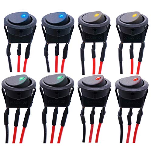 RUNCCI-YUN 8PCS Wippschalter 12V Rund Kippschalter KFZ Schalter 12V beleuchtet, DC 12V 20A LED Auto Wippschalter KFZ Ein Aus Schalter 3 Polig mit 4 LED Farbe (mit Draht) von RUNCCI-YUN