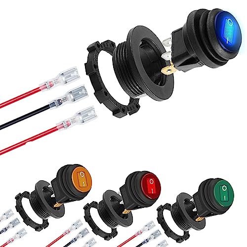 RUNCCI-YUN DC 12V 20A Runde Wippschalter kippschalter,EIN-AUS SPST 3 Polig Wasserdicht kippschalter 12v beleuchtet LED Taste schalter mit Schalterhalterung und Anschlussdrähten (Rot/Gelb/Blau/Grün) von RUNCCI-YUN