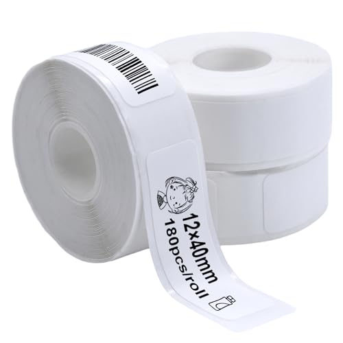 RUNYU 3 Rollen Etiketten Selbstklebend 12×40mm Wasserdicht Thermo-Etikettenband Selbstklebende Etikettenrolle Etikettendrucker Thermo Papier für Zuhause, Schule, Büro, 180 Etiketten/Rolle von RUNYU