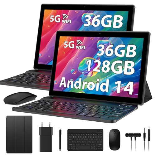 RUSHAR Neueste Tablet 10 Zoll Android 14 Tablet,36GB RAM+128GB ROM (TF 1TB),2.0 GHz|Bluetooth 5.0|5G WLAN |8000mAh|1280 * 800| 5MP+8MP, Tablet mit Tastatur und Maus,Schwarz von RUSHAR