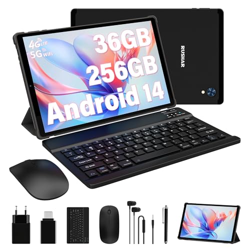 RUSHAR Tablet 26,4 cm (10,4 Zoll), Android 14, 36 GB RAM + 256 GB ROM (2 TB TF), Tablet 4G LTE/SIM + 5G WLAN, Octa-Core 2,0 GHz, INCELL 2000 x 1200, 8000 mAh, 13 MP + 8 MP, Tablet mit Tastatur usw., von RUSHAR