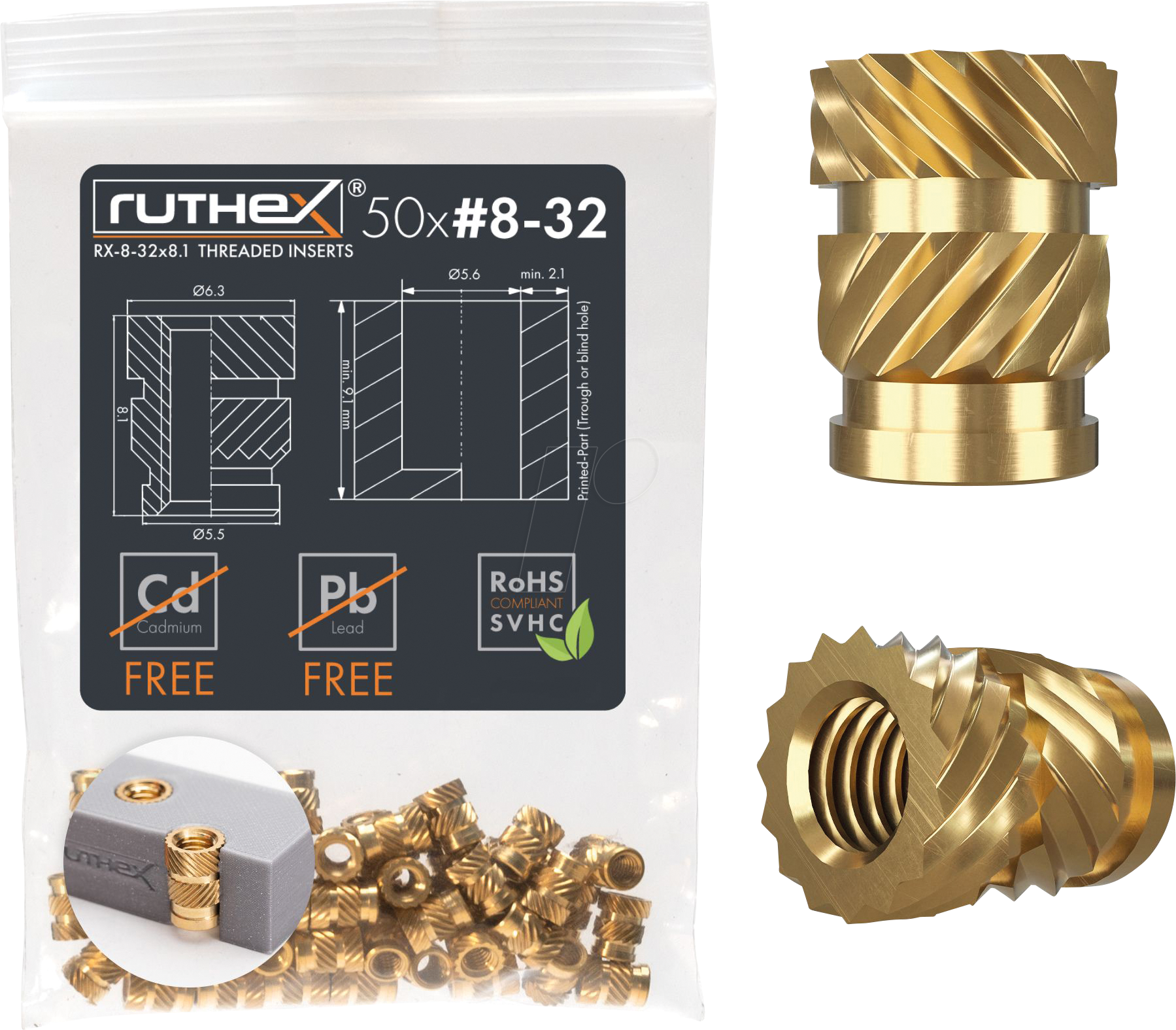 RX-8-32X8.1 - 3D Druck, Gewindeeinsätze, #8-32x8,1, 50 Stück von RUTHEX