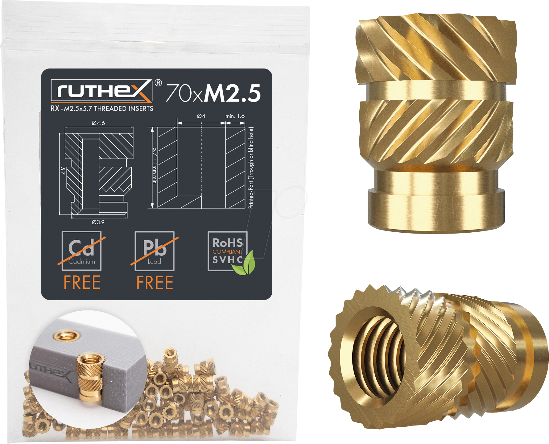 RX-M2,5X5,7 - 3D Druck, Gewindeeinsätze, M2,5x5,7, 70 Stück von RUTHEX