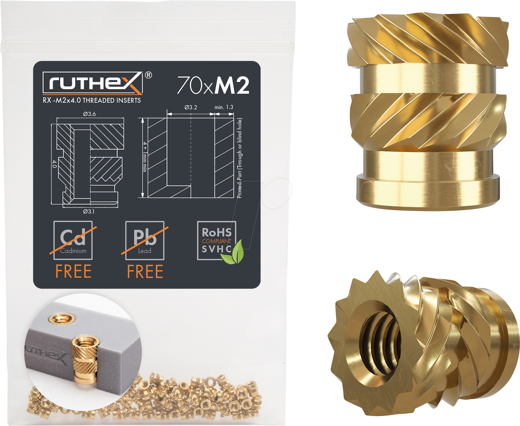 RX-M2X4 - 3D Druck, Gewindeeinsätze, M2x4, 70 Stück von RUTHEX