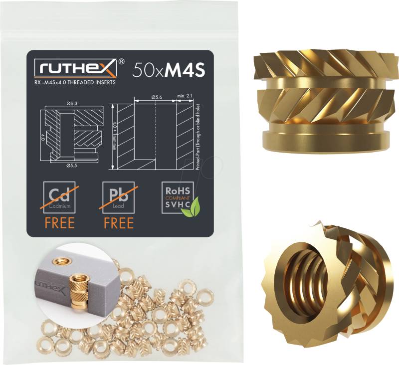 RX-M4SX4,0 - 3D Druck, Gewindeeinsätze, M4x4 (Short), 50 Stück von RUTHEX