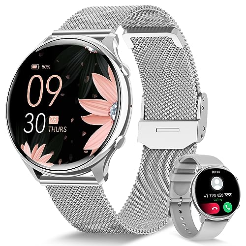 RUXINGX Smartwatch Damen mit Telefonfunktion, HD Voll Touchscreen, Armbanduhr mit 120 Sportmodi Pulsuhr SpO2 Schlafmonitor Menstruationszyklus, Fitness Tracker für Android iOS Silber von RUXINGX