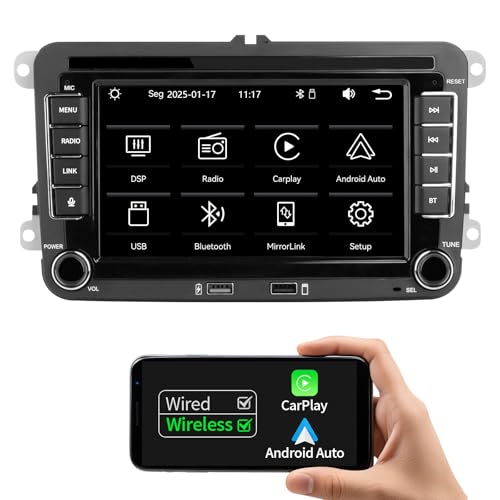 Autoradio für VW Golf R32/Plus/5/6, Passat, Polo T5, MK5,Skoda, Jetta,Unterstützung drahtlos/verkabelt Carplay und Android Auto, Radio Unterstützung AM/FM/RDS/USB, BT,7 Zoll HD Touchscreen Autoradio von RUXYAXFOL