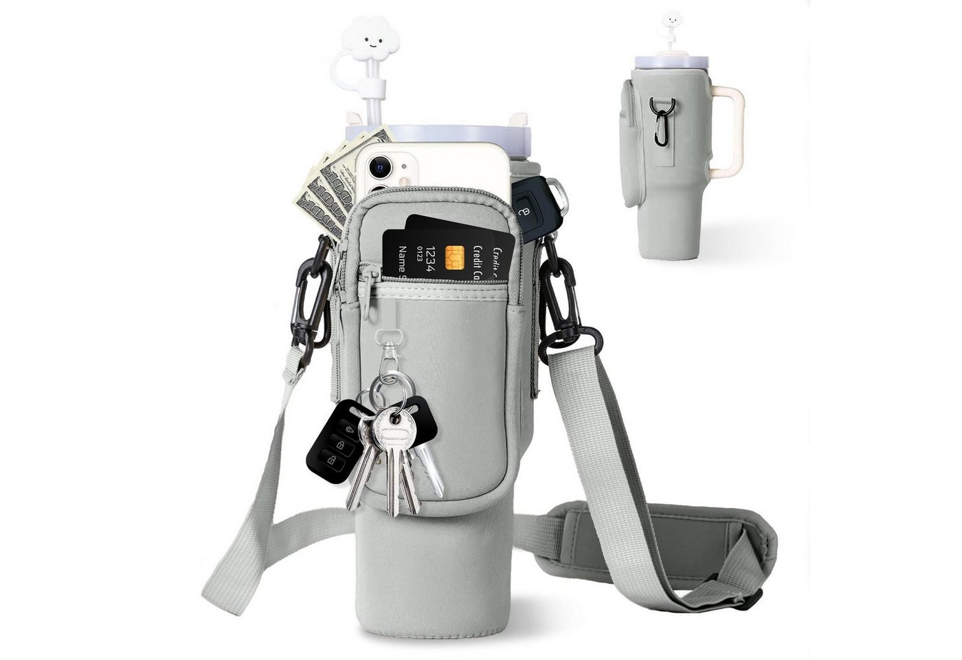RWEUOQ Flaschenhalter Flaschenhalter isolierter Wasserflaschenhalter Flaschentragetasche, (Tragetasche für Stanley Cup 40oz, mit Strohhalmdeckel, Strohhalm und Strohhalmbürste), mit Schlüsselring Haken,verstellbar Schultergurt,für alle Körpertypen von RWEUOQ