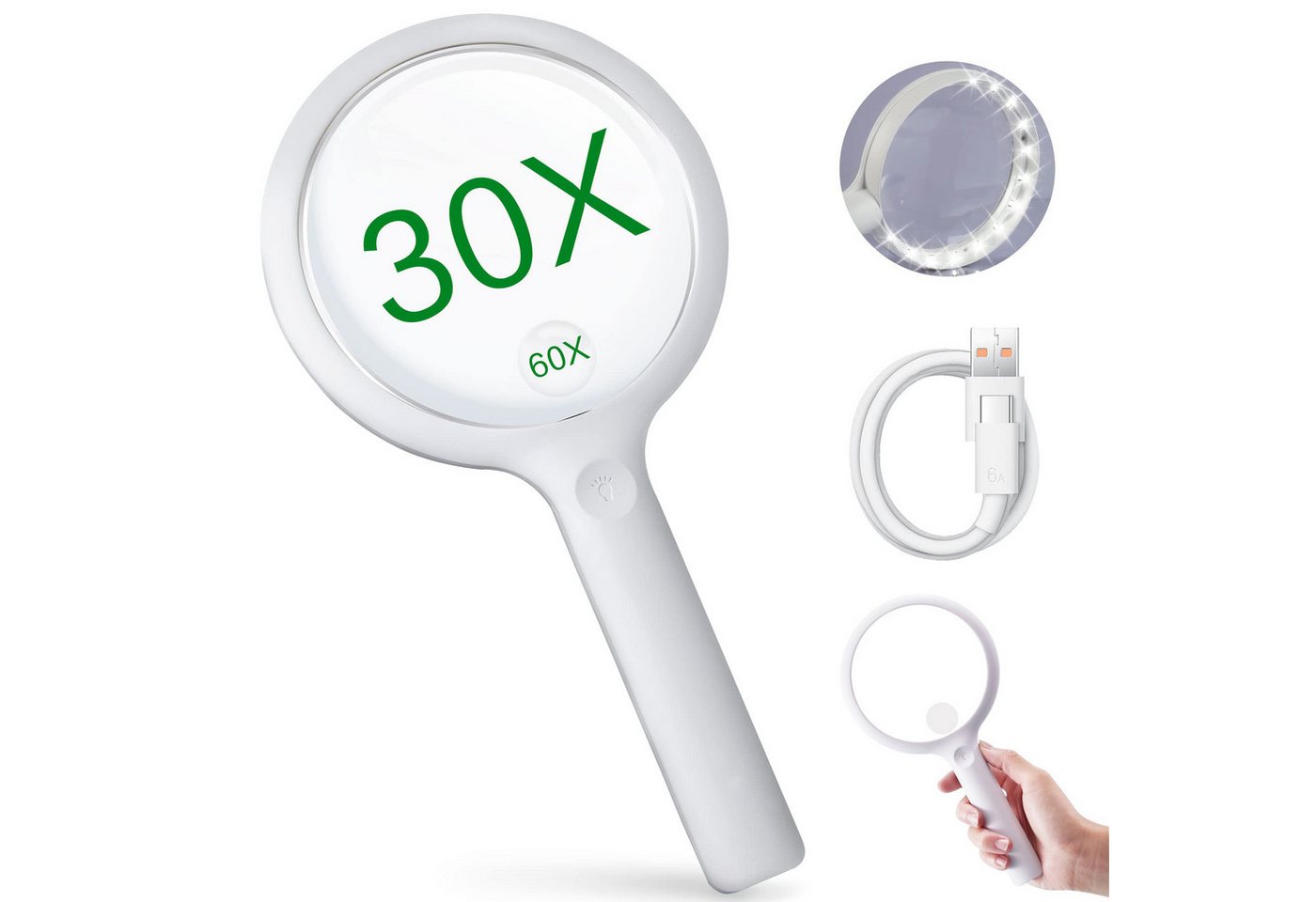RWEUOQ Handlupe Lupe 30/60 fach 110mm Große LED-HandLupe Leselupe mit Licht 3 Modi, Juweliere, wiederaufladbar, Vergrößerungsglas großes Objektiv, 1-tlg., erweitertes Sichtfeld, Lesehilfe mit Griff für Senioren Kinder, für Aktivitäten wie Lesen, Naturbeobachtungen, Kunsthandwerk usw. RWEUOQ Handlupe Lupe 30/60 fach 110mm Große LED-HandLupe Leselupe mit Licht 3 Modi, Juweliere, wiederaufladbar, Vergrößerungsglas großes Objektiv, 1-tlg., erweitertes Sichtfeld, Lesehilfe mit Griff für Senioren Kinder, für Aktivitäten wie Lesen, Naturbeobachtungen, Kunsthandwerk usw. von RWEUOQ