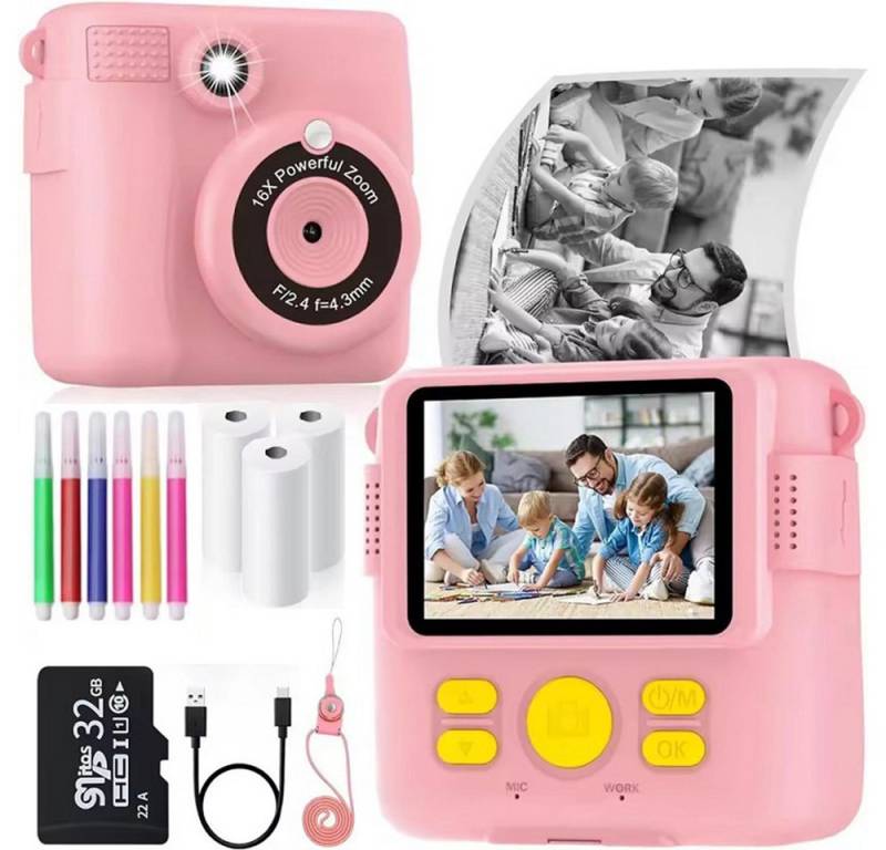 RWEUOQ KinderKamera DigitalKamera Sofortbildkamera Schwarzweiß Fotokamera Sofortbildkamera (inkl. 1080P 2,4 Zoll Sofortbildkamera mit Druckpapier & 32GB Karte, Digitalkamera mit Farbigen Stiften Geschenk für Kinder 3-12 Jahre) von RWEUOQ