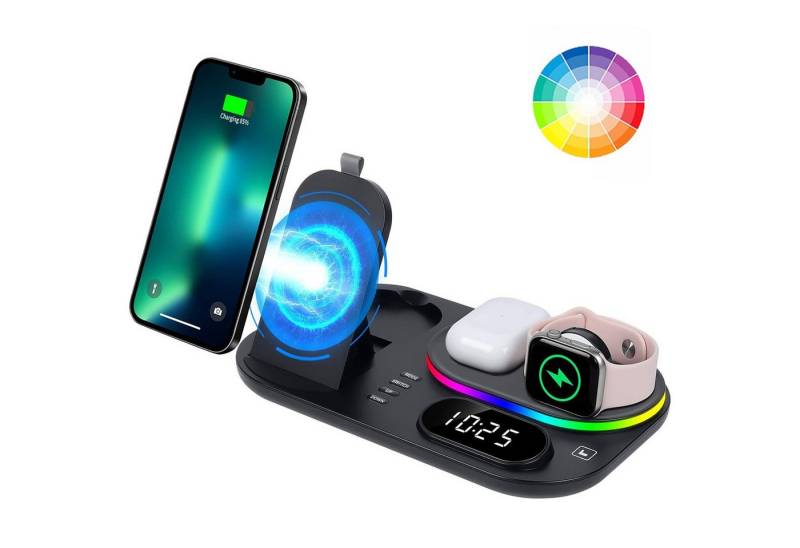 RWEUOQ Ladegerät Induktive Ladestation Kabelloses Ladegerät mit Nachtlampe Induktions-Ladegerät (All-in-one Wireless Charger, Induktions-Ladegerät, 30w, mit Digitaluhr, RGB-Licht und rutschfester Silikonunterlage, Laden Sie Ihr Handy und Ihre Uhr gleichzeitig auf, auch als Ständer) von RWEUOQ