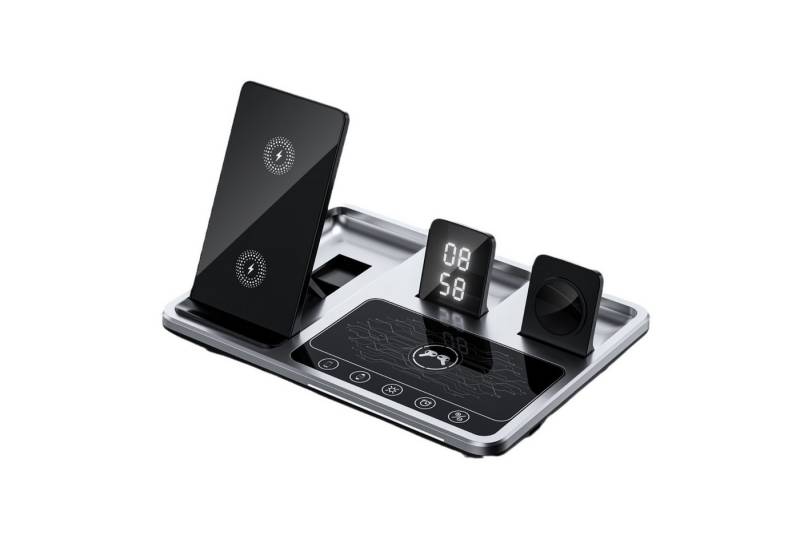 RWEUOQ Ladestation 4 in 1 Induktive Ladegerät, Wireless Charger Ladestation Wireless Charger (für iPhone,Apple Watch und Samsung Galaxy, Automatische Hebefunktion, Zeitanzeige, Nachtatmungslicht) von RWEUOQ
