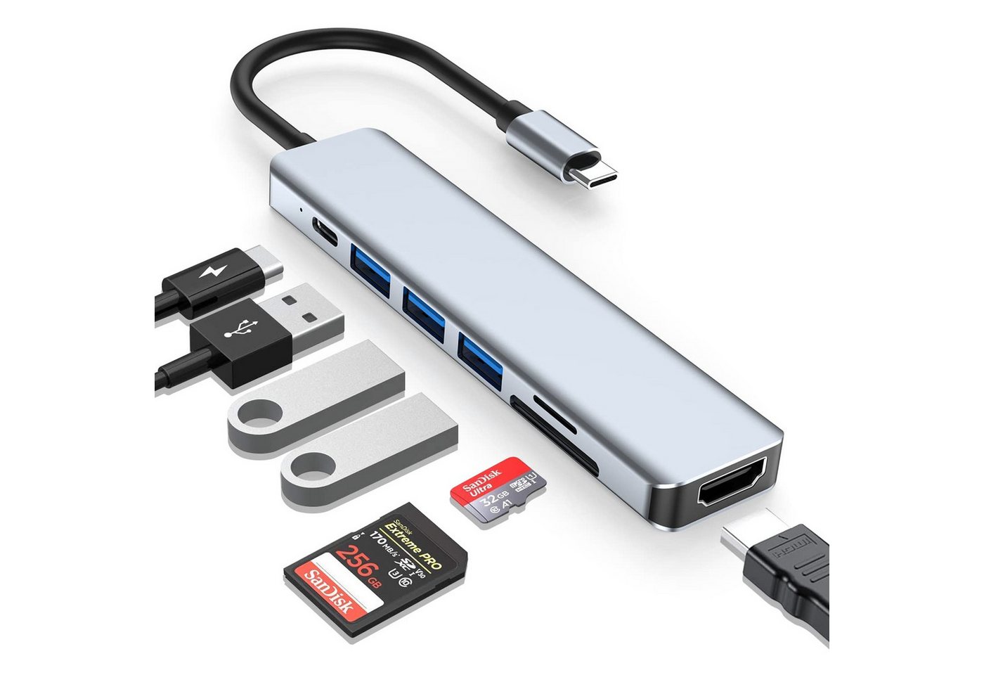 RWEUOQ Laptop-Dockingstation 7-in-1 Tragbarer Dockingstation, USB-C PD100W Schnellladeanschluss, (USB-C Digital AV Adapter mit 4K HDMI Ausgang, 1 St., 2x USB 2.0, 1x USB 3.0, SD/TF Kartenleser), Multipuerto Kompatibel mit MacBook Pro/Air Einsparungen von RWEUOQ