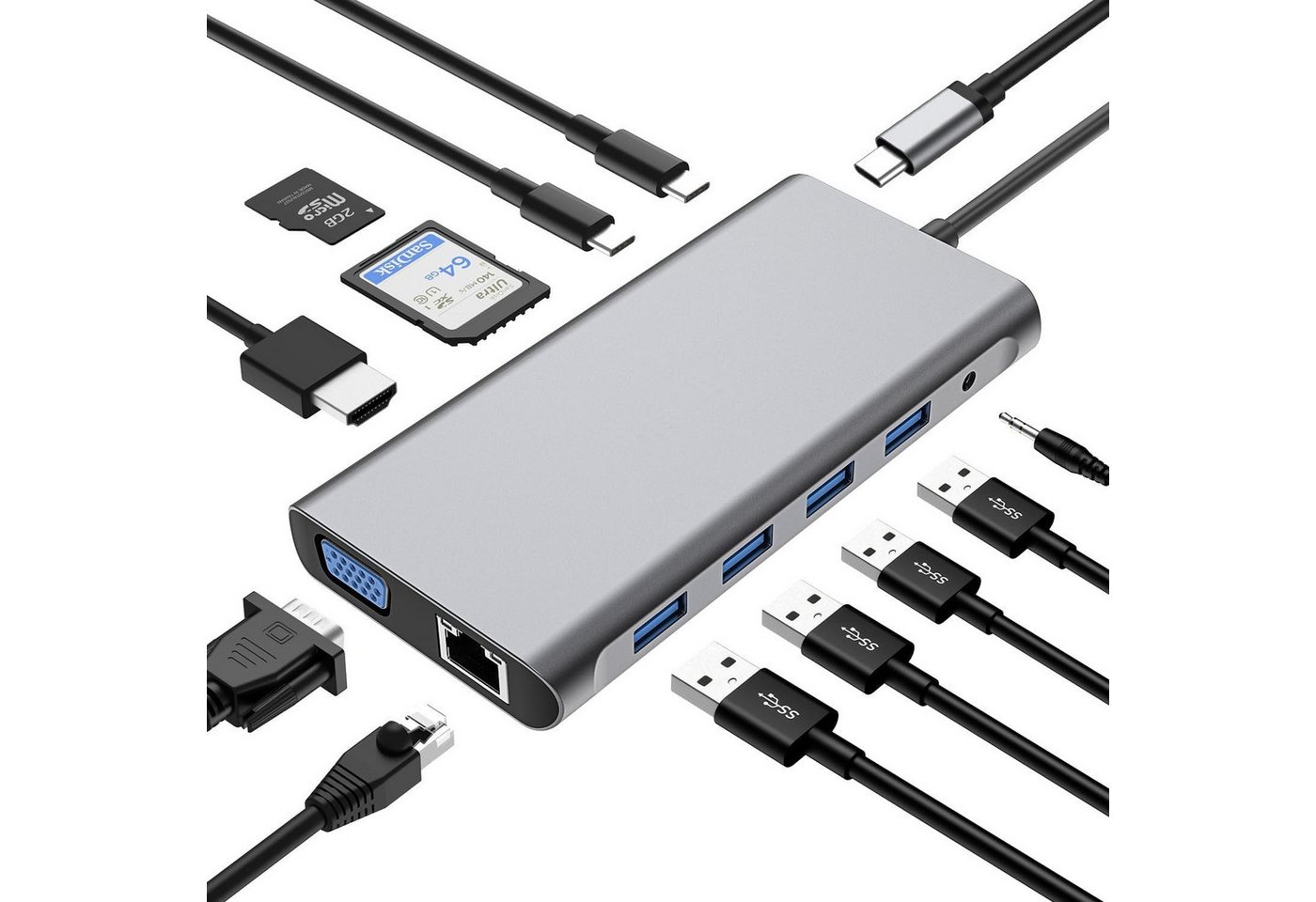 RWEUOQ Laptop-Dockingstation Laptop-Dockingstation 12in1 USB-C HUB Docking Station Adapter, (4K-HDMI- (3840 x 2160, 30 Hz) und VGA-Videoausgänge (1920 x 1080, 60 Hz), Display 4K-HDMI USB 3.0 RJ45(bis zu 100 MBit/s) von RWEUOQ