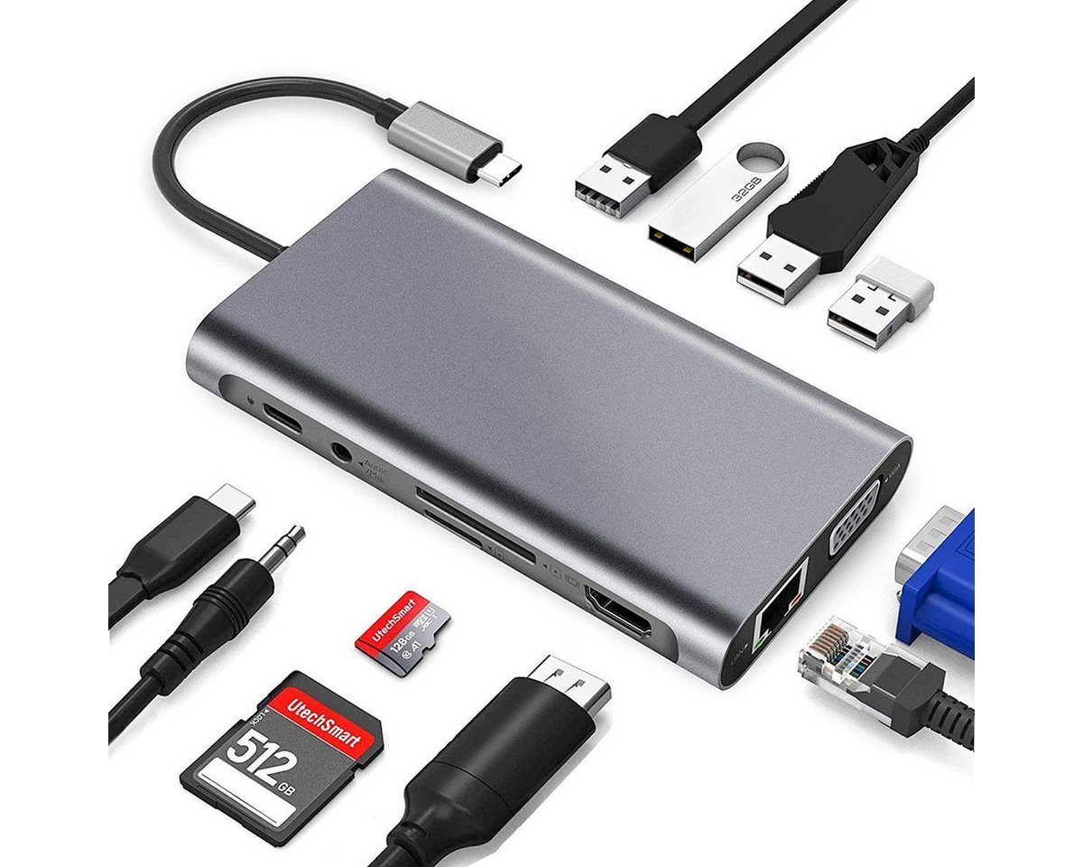 RWEUOQ Laptop-Dockingstation Laptop-Dockingstation USB C Docking Station Dual Monitor, (100 W Stromversorgung/4K 30Hz HDMI, 1080P 60Hz VGA, 5Gbps USB 3.0), 11 in 1 USB C Hub Adapter von RWEUOQ