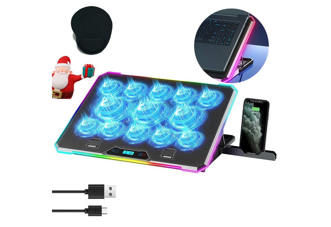 RWEUOQ Notebook-Kühler Notebook Kühler,8-fach höhenverstellbar,10 LED-Modi,13 leise Lüfter, 10 RGB-Modi, einstellbare Höhenwinkel und Lüftergeschwindigkeit RWEUOQ Notebook-Kühler Notebook Kühler,8-fach höhenverstellbar,10 LED-Modi,13 leise Lüfter, 10 RGB-Modi, einstellbare Höhenwinkel und Lüftergeschwindigkeit von RWEUOQ