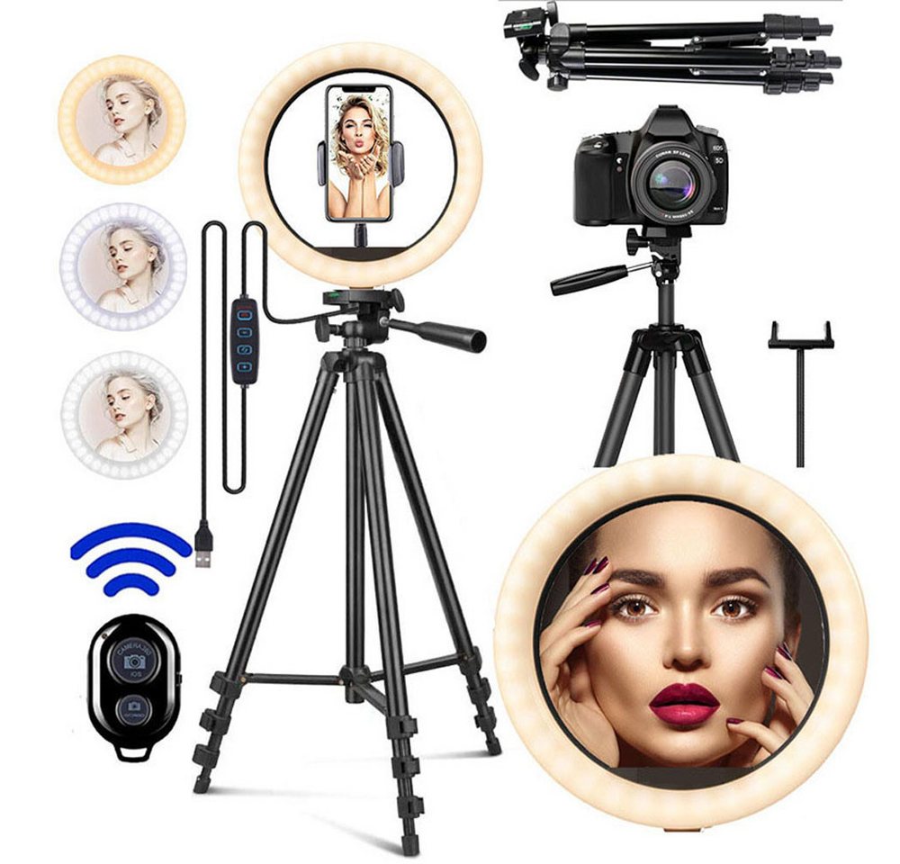 RWEUOQ Selfie-Ringlicht mit ausziehbarem Stativ und Bluetooth-Fernbedienung Studio-Stativ-Blitz, (Handy-Halterung, 3 Farbmodi, USB-Stromversorgung) von RWEUOQ