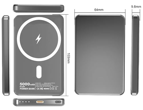 RWSRW Magnetische Powerbank, 5000 mAh Mini Wireless Power Bank mit PD 22.5 W Schnellladung,15W Wireless Portable Charger,kompatibel mit iPhone 16/15/14/13 Plus/Pro/Pro Max (Schwarz) von RWSRW