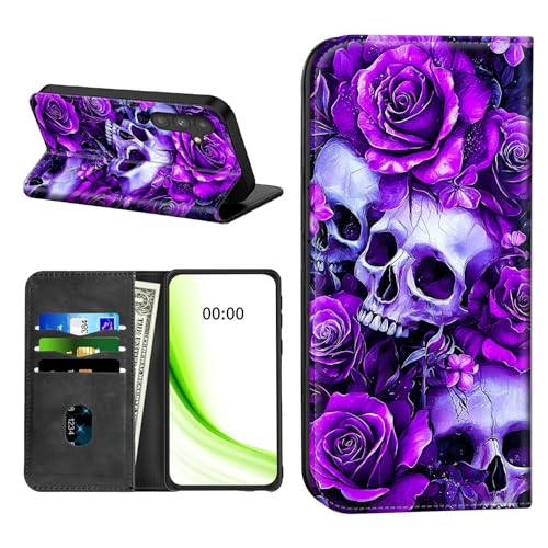 RWUTYTIUL Klapphülle für Samsung Galaxy A54 5G 16,3 cm (6,4 Zoll), mit Kreditkartenfächern, stoßfest, magnetisch, mit praktischen Kartenfächern, Ständer, Handyhülle, RFID-Blockierung, Lila Rose Skull von RWUTYTIUL