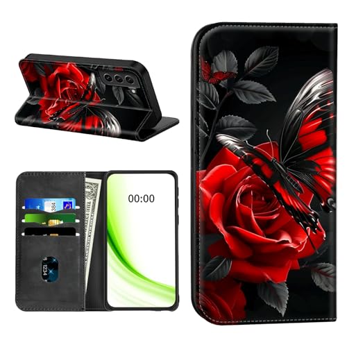 RWUTYTIUL Klapphülle für Samsung Galaxy S21 FE 5G 16,3 cm (6,4 Zoll), mit Kreditkartenfach, stoßfest, magnetische Hülle mit praktischen Kartenfächern, Ständer, Handyhülle, RFID-Blockierung, rote Rose von RWUTYTIUL