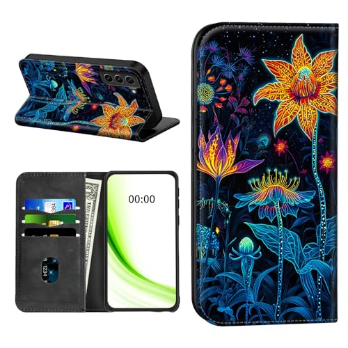 RWUTYTIUL Klapphülle für Samsung Galaxy S24+ Plus 17 cm (6,7 Zoll), mit Kreditkartenfach, stoßfest, magnetisch, mit praktischen Kartenfächern, Ständer, Handyhülle, RFID-Blockierung, Blume, blaues von RWUTYTIUL