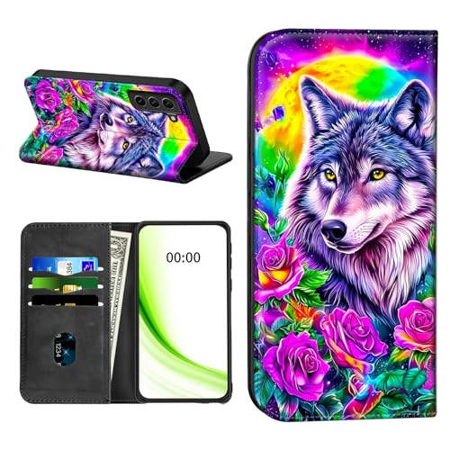 RWUTYTIUL Klapphülle für Samsung Galaxy S24 5G 15,7 cm (6,2 Zoll), mit Kreditkartenfächern, stoßfest, magnetisch, mit praktischen Kartenfächern, Ständer, Handyhülle, RFID-Blockierung, Lila Blume, Wolf von RWUTYTIUL