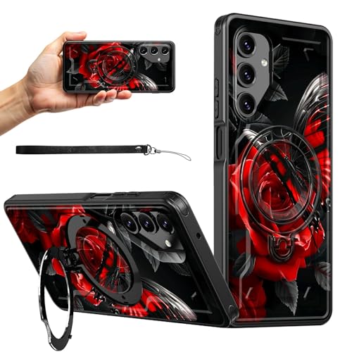 RWUTYTIUL Magnetische Schutzhülle für Samsung Galaxy A05S, 17 cm (6,7 Zoll), mit Handschlaufe, Ständer, kratzfest, hartes Polycarbonat-Silikon, stoßfest, für Damen und Herren, rote Rose von RWUTYTIUL