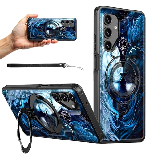 RWUTYTIUL Magnetische Schutzhülle für Samsung Galaxy A15 5G, 16,5 cm (6,5 Zoll), Handschlaufe, Ständer, kratzfest, hartes Polycarbonat-Silikon, stoßfest, für Damen, Herren, Jungen, grau-weißer Löwe von RWUTYTIUL