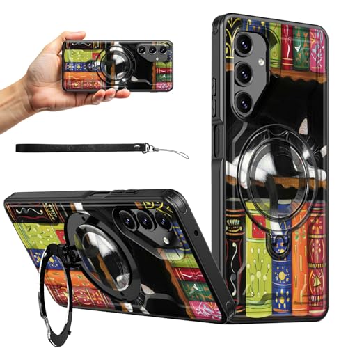 RWUTYTIUL Magnetische Schutzhülle für Samsung Galaxy A35 5G, 16,8 cm (6,6 Zoll), mit Handschlaufe, Ständer, kratzfest, hartes Polycarbonat-Silikon, stoßfest, für Damen und Herren, Bücherregal Katze von RWUTYTIUL