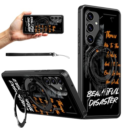 RWUTYTIUL Magnetische Schutzhülle für Samsung Galaxy S24 Plus/Galaxy S25 Plus, 17 cm (6,7 Zoll), mit Handschlaufe, Ständer, kratzfest, hartes PC-Silikon, stoßfest, für Damen und Herren, cooler Wolf von RWUTYTIUL