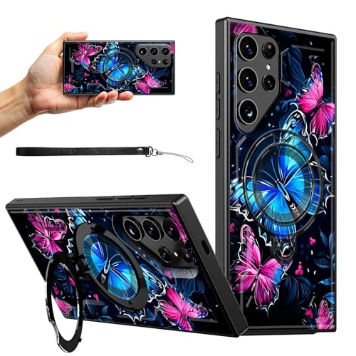 RWUTYTIUL Magnetische Schutzhülle für Samsung Galaxy S24 Ultra 5G, 17,3 cm (6,8 Zoll), mit Handschlaufe, Ständer, kratzfest, hartes PC-Silikon, stoßfest, für Damen, Herren, Jungen, Schmetterlingsblau von RWUTYTIUL