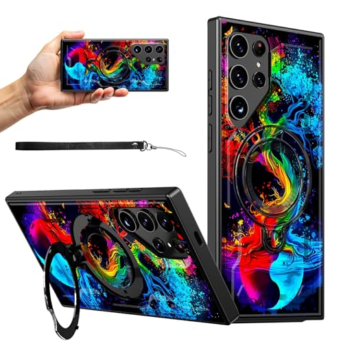 RWUTYTIUL Magnetische Schutzhülle für Samsung Galaxy S24 Ultra 5G, 17,3 cm (6,8 Zoll), mit Handschlaufe, Ständer, kratzfest, hartes PC-Silikon, stoßfest, für Damen, Herren, Jungen, Blau / Rot von RWUTYTIUL