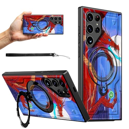 RWUTYTIUL Magnetische Schutzhülle für Samsung Galaxy S24 Ultra 5G, 17,3 cm (6,8 Zoll), mit Handschlaufe, Ständer, kratzfest, hartes PC-Silikon, stoßfest, für Damen, Herren, Jungen, roter Drache von RWUTYTIUL
