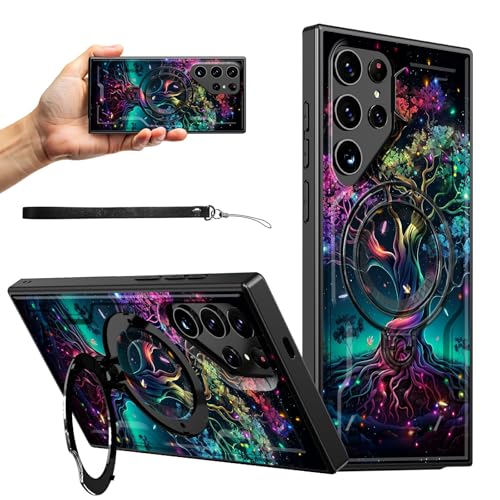RWUTYTIUL Magnetische Schutzhülle für Samsung S23 Ultra 5G, 17,3 cm (6,8 Zoll), mit Handschlaufe, Ständer, kratzfest, hartes Polycarbonat-Silikon, stoßfest, für Damen und Herren, Baum von RWUTYTIUL