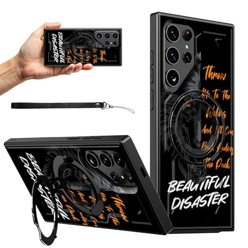 RWUTYTIUL Magnetische Schutzhülle für Samsung S24 Ultra 5G, 17,3 cm (6,8 Zoll), mit Handschlaufe, Ständer, kratzfest, hartes PC-Silikon, stoßfest, für Damen und Herren, cooler Wolf von RWUTYTIUL