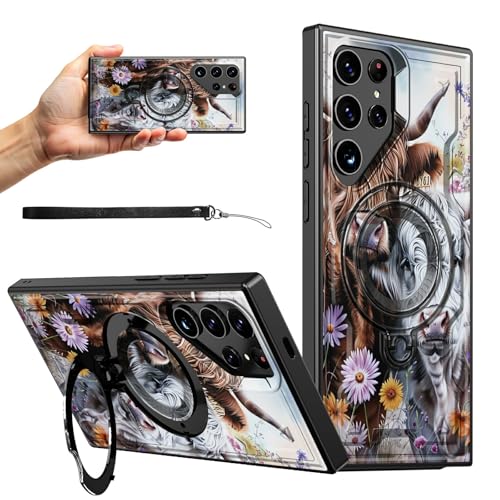 RWUTYTIUL Magnetische Schutzhülle für Samsung S24 Ultra 5G, 17,3 cm (6,8 Zoll), mit Handschlaufe, Ständer, kratzfest, hartes Polycarbonat-Silikon, stoßfest, für Damen und Herren, violette blühende Kuh von RWUTYTIUL