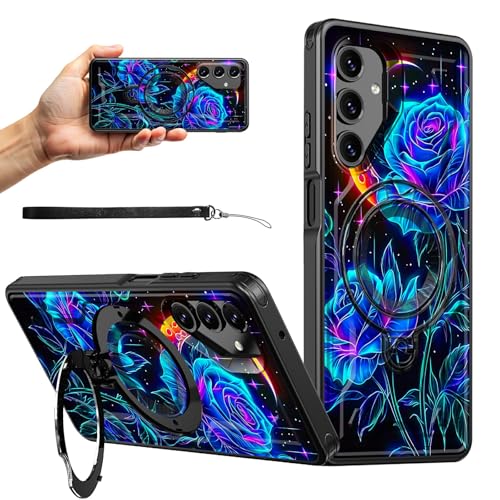 RWUTYTIUL Magnetische Schutzhülle für Samsung S25 5G/Galaxy S24 5G, 15,7 cm (6,2 Zoll), mit Handschlaufe, Ständer, kratzfest, hartes Polycarbonat-Silikon, stoßfest, für Damen, Herren, Jungen, Blaue von RWUTYTIUL