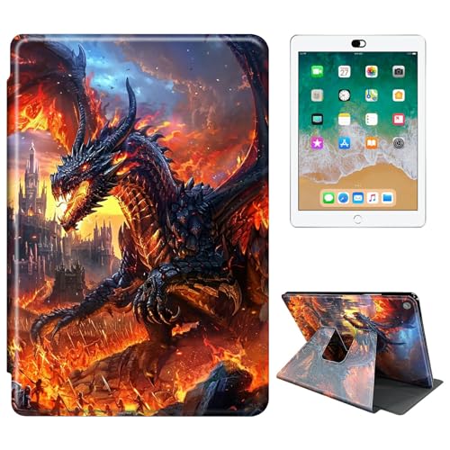 RWUTYTIUL Schutzhülle für Amazon Kindle Fire HD 8 (6. / 7. / 8. Generation, Version 2016 / 2017 / 2018), 360 Grad drehbar, stoßfest, mit Ständer, für Damen und Herren, Drachenflamme von RWUTYTIUL