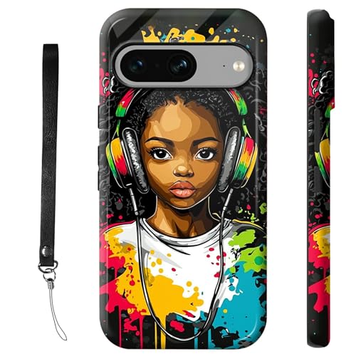 RWUTYTIUL Schutzhülle für Google Pixel 8, 15,7 cm (6,2 Zoll), mit Armbandseil, stoßfest, zweilagig, robust, rutschfestes Silikon und hartes Polycarbonat, glänzende Schale, Kopfhörer Mädchen von RWUTYTIUL