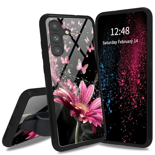 RWUTYTIUL Schutzhülle für Samsung A15 5G, 16,5 cm (6,5 Zoll), mit Handschlaufe, Standhalterung, weicher TPU-Ständer, kratzfest, organisches Glas, Schutzhülle für Samsung Galaxy A15 5G, rosa Blume von RWUTYTIUL
