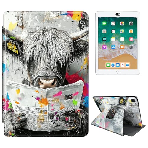 RWUTYTIUL Schutzhülle für Samsung Galaxy Tab A 25,7 cm (10,1 Zoll) 2019 (SM-T510/SM-T515/SM-T517) Tablet-Hülle, 360 Grad drehbar, stoßfest, Schutzhülle mit Ständer, für Damen und Herren, Zeitungskuh von RWUTYTIUL