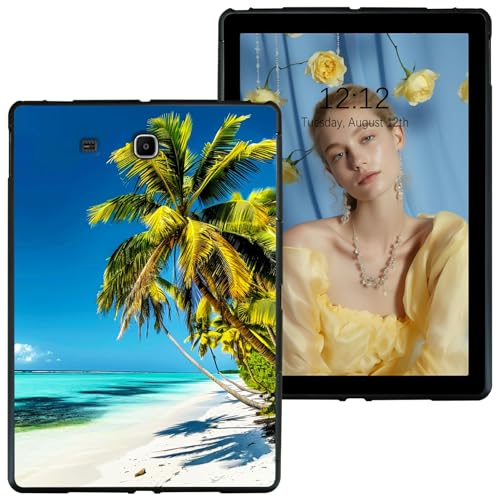 RWUTYTIUL Schutzhülle für Samsung Galaxy Tab E 9,6 Zoll (SM-T560/T561/T565/T567V), schwarz, stoßfest, flexibel, matt, leicht, TPU-Hülle für Galaxy Tab E 9,6 Zoll 2015, blauer Strand Palme von RWUTYTIUL
