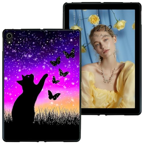 RWUTYTIUL Schutzhülle für iPad 9/8/7 (10,2 Zoll, Modell 2021/2020/2019, 9. / 8. / 7. Generation), schwarze Tablet-Hülle, stoßfest, flexibel, matt, leicht, TPU-Hülle, violett, dunkle Katze von RWUTYTIUL