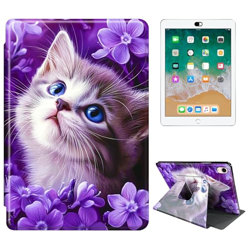 RWUTYTIUL Schutzhülle für iPad Air 27,9 cm (11 Zoll), iPad 7. / 6. Generation (M3/M2) 2025/2024 Tablet-Hülle, 360 Grad drehbar, stoßfest, Schutzhülle mit Ständer, für Damen und Herren, Lila Katze von RWUTYTIUL