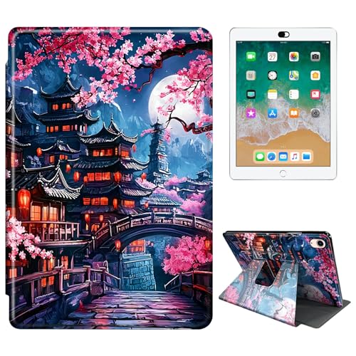 RWUTYTIUL Schutzhülle für iPad Air 27,9 cm (11 Zoll), iPad 7. / 6. Generation (M3/M2) 2025/2024 Tablet-Hülle, 360 Grad drehbar, stoßfest, mit Ständer, für Damen und Herren, Kirschblütenhaus von RWUTYTIUL